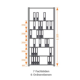 Büroregal verzinkt Breite 2m Höhe 2,3m Tiefe 60cm mit 7 Stahlfachböden/6 Ordnerebenen ohne Seitenwand