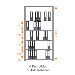 Büroregal Lichtgrau RAL 7035 Breite 9m Höhe 2m Tiefe 60cm mit 6 Stahlfachböden/5 Ordnerebenen ohne Seitenwand
