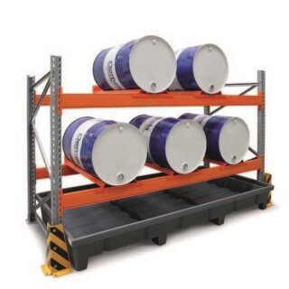 Fassregal Breite 11,2m Höhe 3,0m Tiefe 110cm mit 2 Lagerebenen inkl. Fassauflagen und Auffangwanne