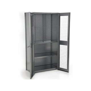 BERT - Werkstatt-Regalschrank 8m breit 2,0m hoch 50cm tief mit 4 Stahlfachböden und Gitterflügeltür