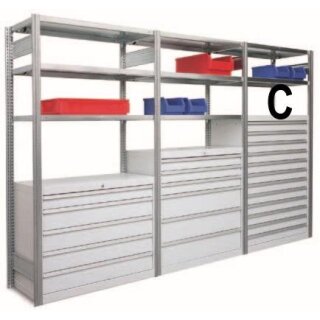 Bert - Schubladenschrank Modul C 1,0m breit 2,0m hoch 50cm tief mit 2 Stahlfachböden und 12x Schubladen, Fachlast 150 kg