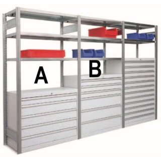 Bert - Schubladenschrank Modul A + B 2,0m breit 2,0m hoch 50cm tief mit 6 Stahlfachböden und 11x Schubladen