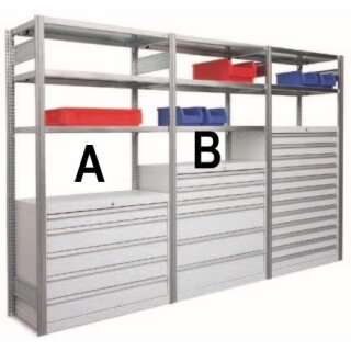 Bert - Schubladenschrank Modul A + B 2,0m breit 2,0m hoch 50cm tief mit 6 Stahlfachböden und 11x Schubladen, Fachlast 350 kg