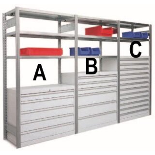 Bert - Schubladenschrank Modul A + B + C 3,0m breit 2,0m hoch 50cm tief mit 8 Stahlfachböden und 23x Schubladen