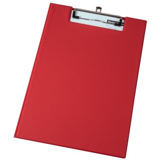 Schreibmappe DIN A4 inkl. ausziehbarer Hakenöse, Klarsichttasche auf der Innenseite, mit Klemmmechanik, Rot