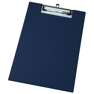 Schreibmappe DIN A4 inkl. ausziehbarer Hakenöse, Klarsichttasche auf der Innenseite, mit Klemmmechanik, Blau