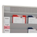 Werkstattplaner breit mit vorgedrucktem Zeitschema, Namensschilder links außen, Grau, mit 6 Schienen, für Format DIN A4, Maße 1.580 x 900 mm