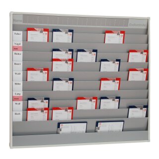 Werkstattplaner breit mit vorgedrucktem Zeitschema, Namensschilder links außen, Grau, mit 10 Schienen, für Format DIN A4, Maße 1.580 x 1.282 mm