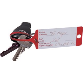 Schlüsselanhänger "Fix" mit Bedruckung in praktischer Spenderbox, 210 x 35 mm, Sprache Deutsch/Englisch, Farbe Rot