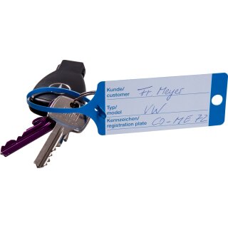 Schlüsselanhänger "Fix" mit Bedruckung in praktischer Spenderbox, 210 x 35 mm, Sprache Deutsch/Englisch, Farbe Blau