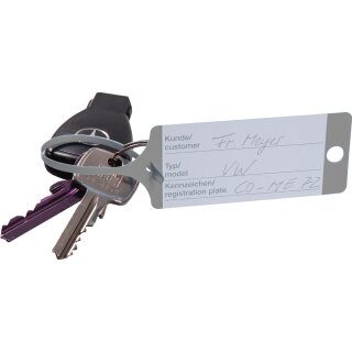 Schlüsselanhänger "Fix" mit Bedruckung in praktischer Spenderbox, 210 x 35 mm, Sprache Deutsch/Englisch, Farbe Hellgrau