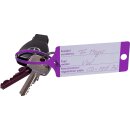 Schlüsselanhänger "Fix" mit Bedruckung in praktischer Spenderbox, 210 x 35 mm, Sprache Deutsch/Englisch, Farbe Violett