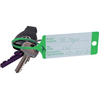Schlüsselanhänger "Fix" mit Bedruckung in praktischer Spenderbox, 210 x 35 mm, Sprache Deutsch/Englisch, Farbe Grün