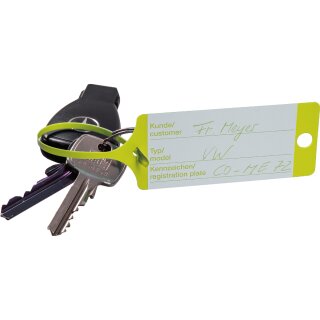 Schlüsselanhänger "Fix" mit Bedruckung in praktischer Spenderbox, 210 x 35 mm, Sprache Deutsch/Englisch, Farbe Gelb