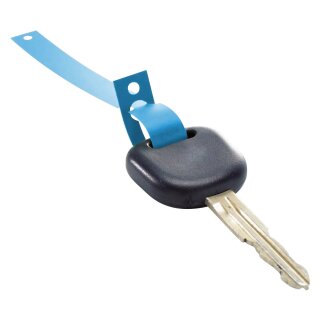 Schlüsselanhänger "Stripe" aus HDPE Folie, reißfest, beidseitig beschreibbar, perforiert, Maße: 160 x 12,7 mm, Blau