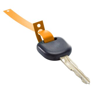 Schlüsselanhänger "Stripe" aus HDPE Folie, reißfest, beidseitig beschreibbar, perforiert, Maße: 160 x 12,7 mm, Orange