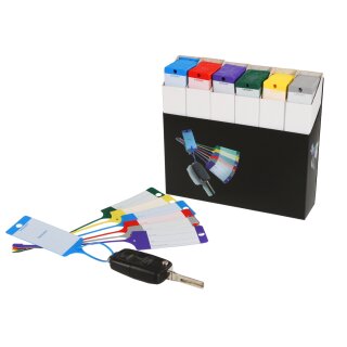 Aufbewahrungsbox für Schlüssenanhänger "FIX" in Schwarz, passend für 6 versch. Farben, Set Box + 6 VE Schlüsselanhänger "Fix"