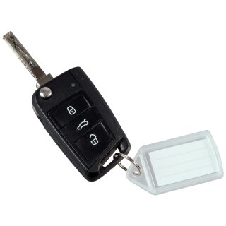 Schlüsselanhänger "Slide" mit einfachem Schiebemechanismus zur Beschriftung der Kundenschlüssel  inkl. Etikett, 55 x 30 mm, Transparent