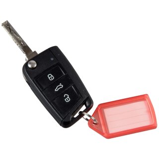 Schlüsselanhänger "Slide" mit einfachem Schiebemechanismus zur Beschriftung der Kundenschlüssel  inkl. Etikett, 55 x 30 mm, Rot