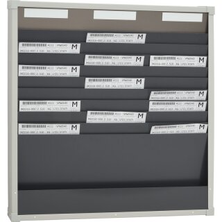 Karten-Board für DIN A4 hoch Belege, Sichtrand 40 mm, Fülltiefe 6 mm zur Wandmontage, Grau, Spalten 3, Fächer 10, Maße (HxBxT) 750 x 720 x 75 mm
