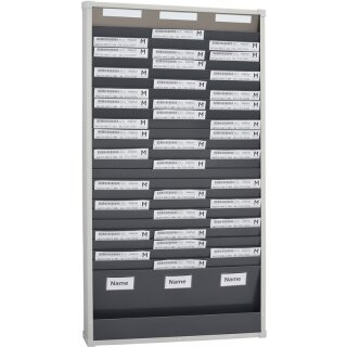 Karten-Board für DIN A4 hoch Belege, Sichtrand 40 mm, Fülltiefe 6 mm zur Wandmontage, Grau, Spalten 3, Fächer 25, Maße (HxBxT) 1.350 x 720 x 75 mm
