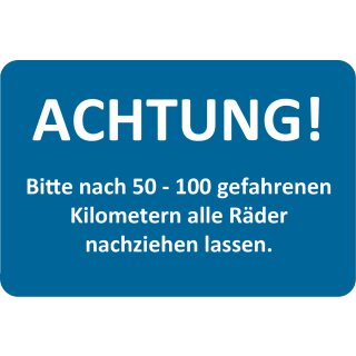 Kundendienst-Aufkleber, 60 x 40 mm, Blau, Text: "Räder nachziehen lassen"