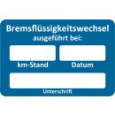 Kundendienst-Aufkleber, 60 x 40 mm, Blau, Text: "Bremsflüssigkeitswechsel ausgeführt"