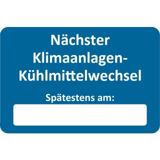 Kundendienst-Aufkleber, 60 x 40 mm, Blau, Text: "Nächster Klimaanlagen-Kühlmittelwechsel"