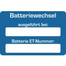 Kundendienst-Aufkleber, 60 x 40 mm, Blau, Text: "Batteriewechsel ausgeführt bei"