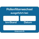 Kundendienst-Aufkleber, 60 x 40 mm, Blau, Text: "Pollenfilter-Wechsel ausgeführt bei"