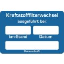 Kundendienst-Aufkleber, 60 x 40 mm, Blau, Text: "Kraftstofffilter-Wechsel ausgeführt bei"