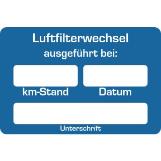Kundendienst-Aufkleber, 60 x 40 mm, Blau, Text: "Luftfilter-Wechsel ausgeführt bei"
