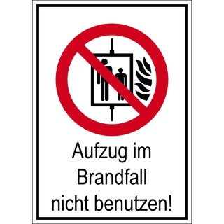Verbotsschild "Aufzug im Brandfall nicht benutzen" für Innen- und Außenbereiche, Rot, PVC-Folie selbstklebend, langnachleuchtend, Maße 13,1 x 18,5 cm