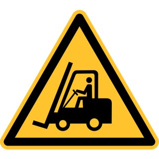 Warnschild "Warnung vor Flurförderfahrzeugen" für Innen- und Außenbereiche, Gelb, Material Aluminium geprägt, Seitenlänge 31,5 cm