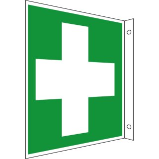 Rettungs-Fahnenschild "Erste Hilfe Fahnenschild" für Innen- und Außenbereiche aus Aluminium, Farbe: Grün, Maße 20 x 20 cm