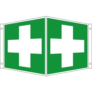 Rettungs-Winkelschild "Erste Hilfe" für Innen- und Außenbereiche aus Aluminium, Grün, Maße 15 x 15 cm