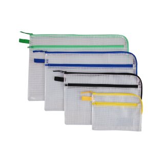 Kleinkrambeutel aus nylonverstärktem PVC mit zusätzlicher Tasche, Transparent, Format B4, Reißverschluss Grün