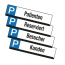 Parkplatz Reservierungsschild inkl.Universalhalterung aus PP, Maße Schild: 520 x 110 mm, Weiß, "Wunschtext"