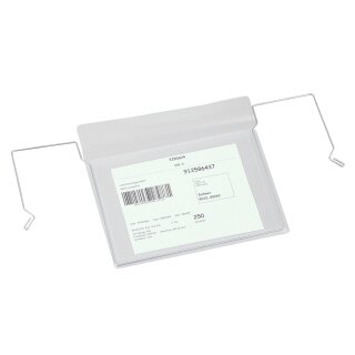 Drahtbügel-Sichttasche mit Klappe, Transparent, Maße (BxH) 195 x 185 mm, Format für DIN A6, Ausrichtung quer