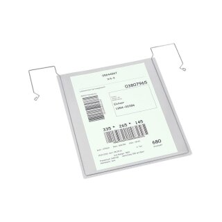 Drahtbügel-Sichttasche ohne Klappe, in verschiedenen Formaten verfügbar, zur Anbringung an Gitterboxen, Transportkisten, Kartons, Kunststoffkäsen etc., Ausrichtung hoch, Maße (BxH) 280 x 325 mm
