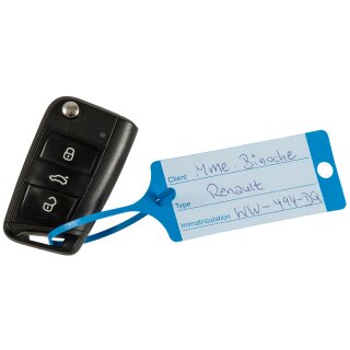 Schlüsselanhänger "Fix" mit Bedruckung  in praktischer Spenderbox, 210 x 35 mm, Sprache Französisch, Farbe Blau