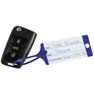 Schlüsselanhänger "Fix" mit Bedruckung  in praktischer Spenderbox, 210 x 35 mm, Sprache Französisch, Farbe Violett