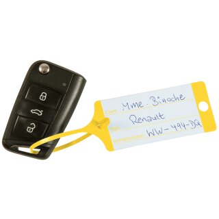 Schlüsselanhänger "Fix" mit Bedruckung  in praktischer Spenderbox, 210 x 35 mm, Sprache Französisch, Farbe Gelb
