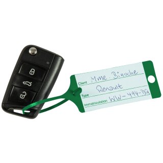 Schlüsselanhänger "Fix" mit Bedruckung  in praktischer Spenderbox, 210 x 35 mm, Sprache Französisch, Farbe Grün