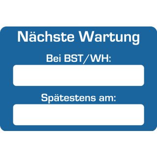 Kundendienst-Aufkleber, 60 x 40 mm, Blau, Text: "Nächste Wartung"