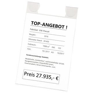 Preisblatt-Tasche DIN A4 hoch mit Doppelhaken für Innenspiegel, Transparent, Maße 38 x 21 cm