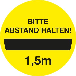 Leitsystemsticker aus PVC-Folie, 10 cm groß, Gelb, Motiv "Bitte Abstand halten - 1,5m"