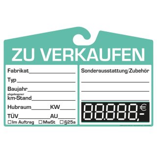 Verkaufsschild aus Karton zur Befestigung am Innenspiegel, für eine einfache Preisauszeichnung, Preisfeld digital, Grün, Verpackungseinheit: 1 P/25