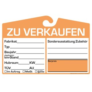 Verkaufsschild aus Karton zur Befestigung am Innenspiegel, für eine einfache Preisauszeichnung, Preisfeld neutral, Orange, Verpackungseinheit: 1 P/25