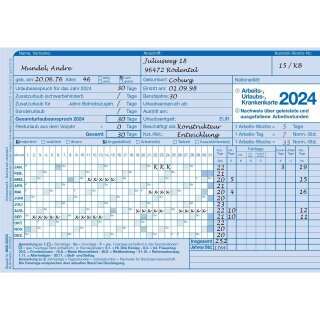 Arbeits-, Urlaubs-, Krankenkarte zum Ausfüllen per Hand, Format DIN A5, Rückseite leer für das Jahr 2024